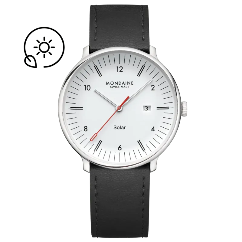 Herrenuhr mit schwarzem Lederarmband, weißem Zifferblatt, roten Solar-Zeigern und Datumsfenster