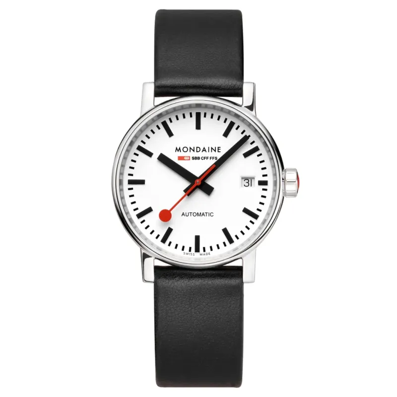 Schwarze Damenuhr mit weißem Zifferblatt, rotem Sekundenzeiger und Lederarmband.