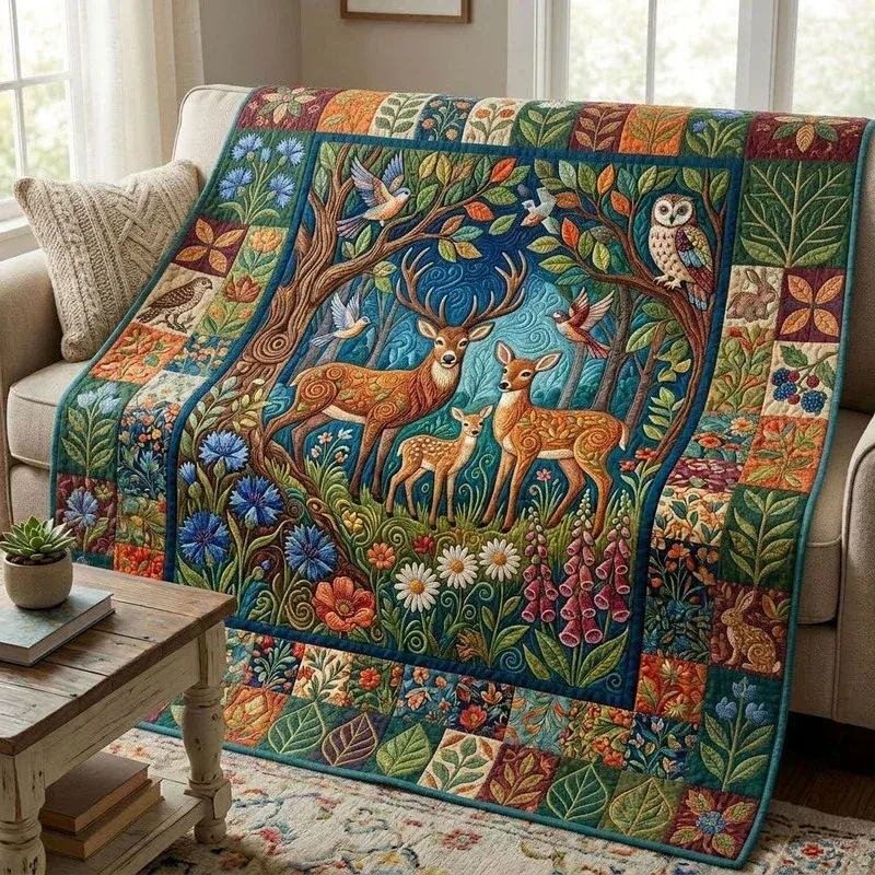 Midnight Stag Forest Bamboo Quilt Blanket