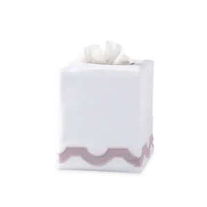 Matouk Mirasol linen tissue box cover in white with dusty rose scalloped border trim.