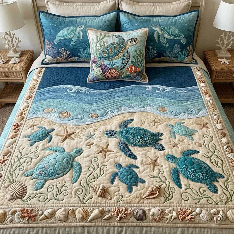 Nautical Denim Shell Bamboo Quilt Bedding Set