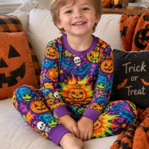 Neon Halloween Pumpkin Party Bamboo Two Piece Long Sleeve Pajama Set