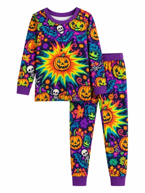 Neon Halloween Pumpkin Party Bamboo Two Piece Long Sleeve Pajama Set – Bild 2