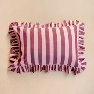 Pair of Cotton Pillowcases in Pink & Burgundy Stripe by TBCo, featuring ruffled edges and breathable poplin cotton fabric.