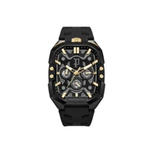 Quarz-Chronograph-Herrenuhr mit schwarzem Zifferblatt, schwarzem Silikonband und goldfarbenen Akzenten