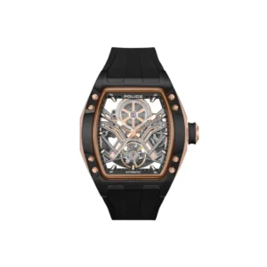 Schwarze Herrenarmbanduhr mit Silikonband, skelettiertem Zifferblatt und kupferfarbener Lünette.
