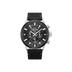 Herrenchronograph: schwarze Zifferblatt-Uhr mit Lederarmband und Edelstahlgehäuse, 47 mm