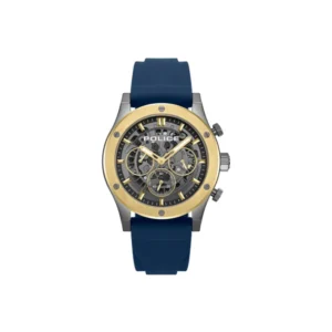 Herrenuhr mit blauem Silikonband, goldfarbenem Gehäuse und Chronographen-Dial mit Ziffern
