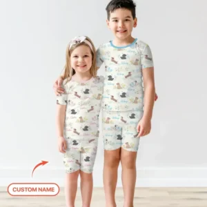 Custom Name Flower Dogs Bamboo Two Piece Short Sleeve Shorts Pajama Set