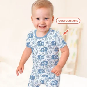 Custom Name Mama Bear Toile Bamboo Two Piece Short Sleeve Shorts Pajama Set