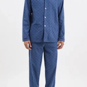 Pyjama long boutonné homme bleu motif vélo 1