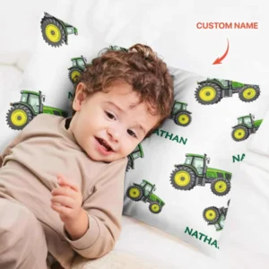Custom Name Green Tractors Matching Daddy & Me Bamboo Pillow Case