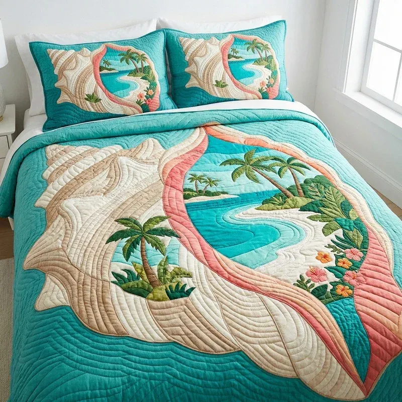 Pink Conch Coastal Bamboo Quilt Bedding Set