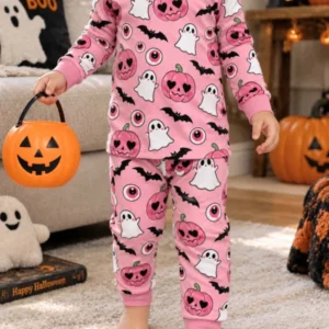 Pink Spooky Ghosts and Pumpkins Bamboo Two Piece Long Sleeve Pajama Set