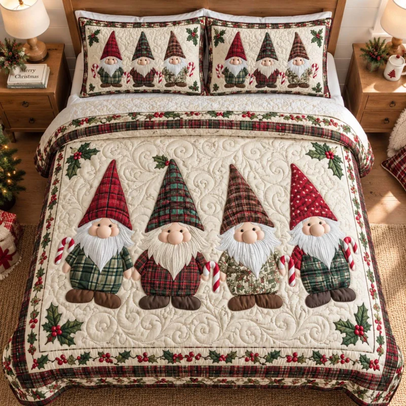Plaid Christmas Gnome Bamboo Quilt Bedding Set