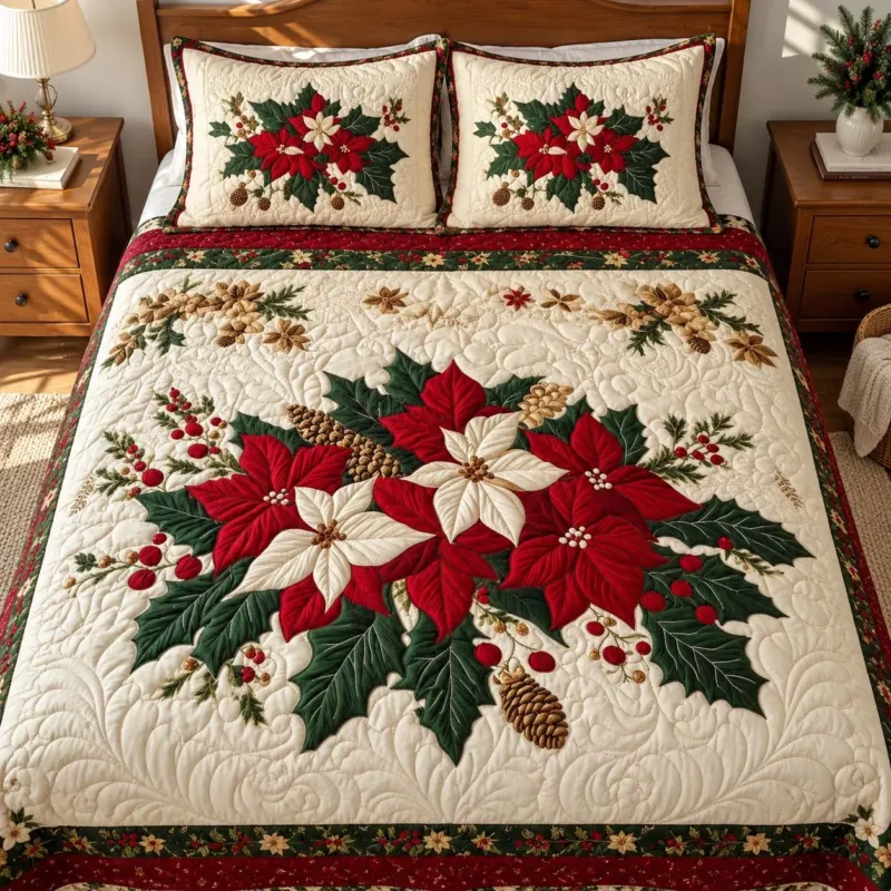 Poinsettia Holly Christmas Bamboo Quilt Bedding Set
