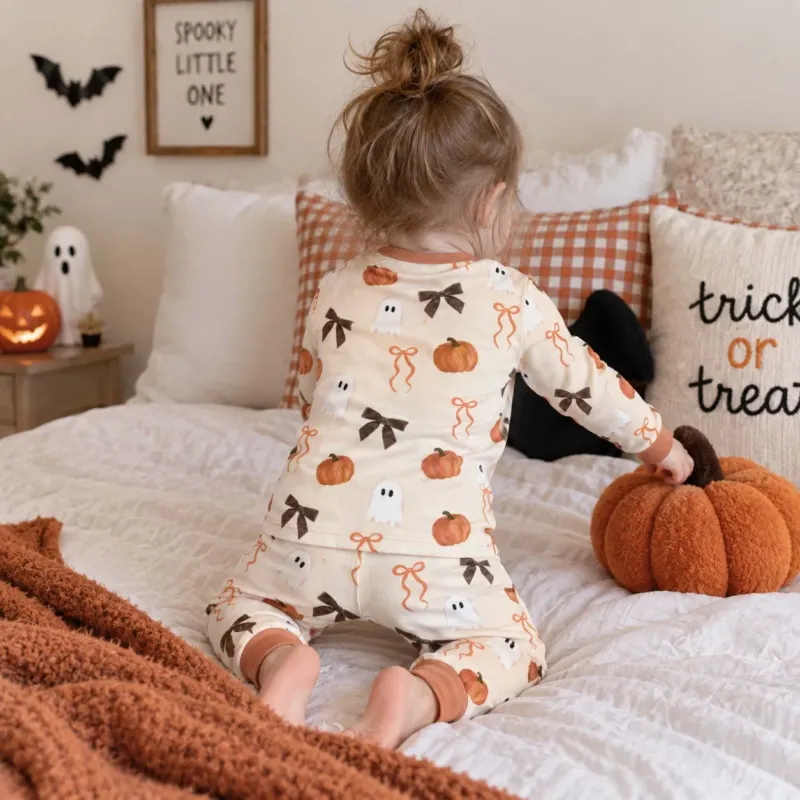 Pumpkin Ghost Bow Halloween Bamboo Two Piece Long Sleeve Pajama Set