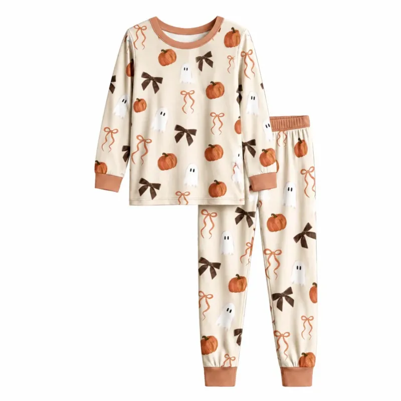 Pumpkin Ghost Bow Halloween Bamboo Two Piece Long Sleeve Pajama Set – Bild 2