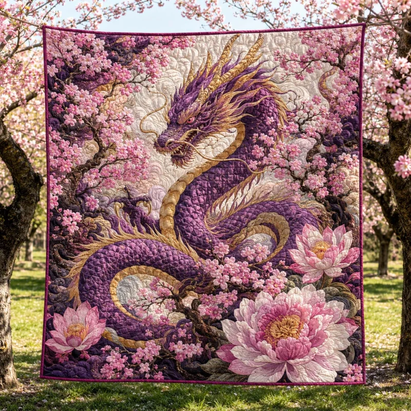 Purple Dragon Cherry Blossom Garden Bamboo Quilt Blanket