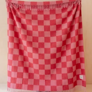TBCo Recycled Wool Blanket in Pink & Red Checkerboard with fringe, warm and soft for cosy moments at home