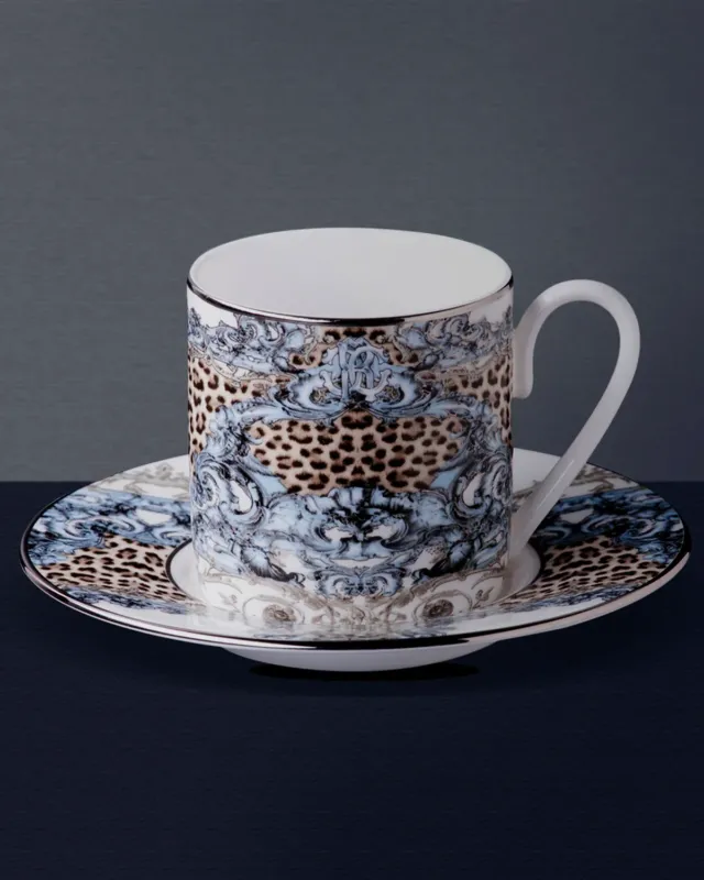 Roberto Cavalli Home Coffee Cup & Saucer PALAZZO PITTI Set of 2 in Luxury Box diam. 2.3", H 2.5", Cap. 4 oz, Saucer diam. 4.75" - Palais Royal Linen Gallery