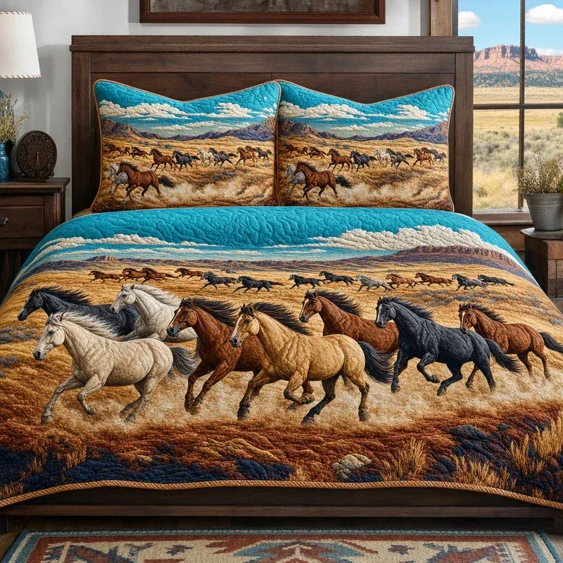 Running Horses Bamboo Quilt Bedding Set