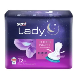 Verpackung der SENI Lady Super Night Inkontinenzeinlagen mit 7 Tropfen Saugstärke, 15 Stück, für die Nacht – atmungsaktiv, mit Präbiotikum und verbreitertem Rückenteil.