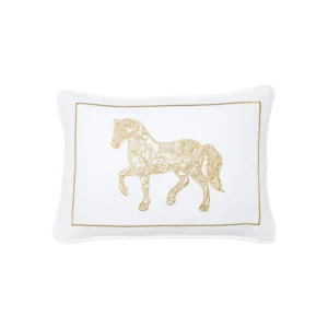 Sferra Year of the Horse white linen decorative pillow with gold embroidered horse motif.