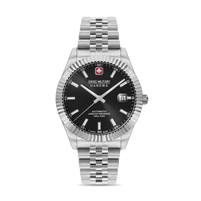 Herrenuhr mit silbernem Edelstahlarmband, schwarzem Zifferblatt und Automatik-Anzeige