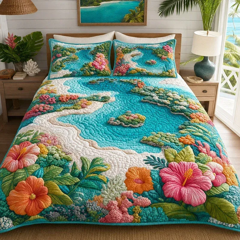 Sandy Ribbon Tropical Bamboo Quilt Bedding Set