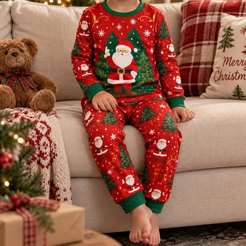 Santa Christmas Tree Holiday Bamboo Two Piece Long Sleeve Pajama Set