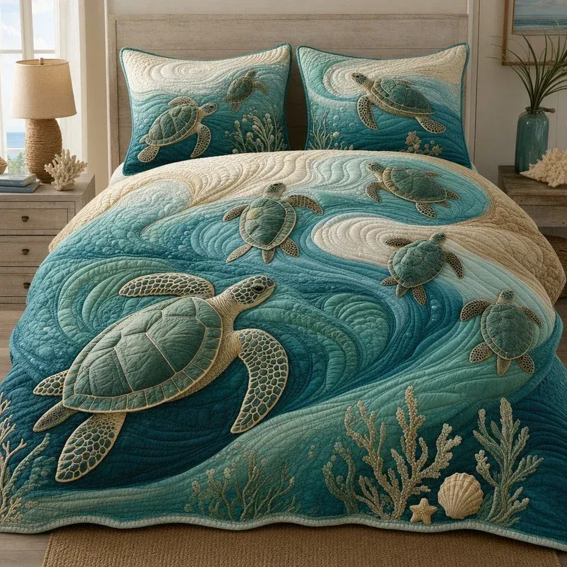 Sea Turtle Family Bamboo Quilt Bedding Set