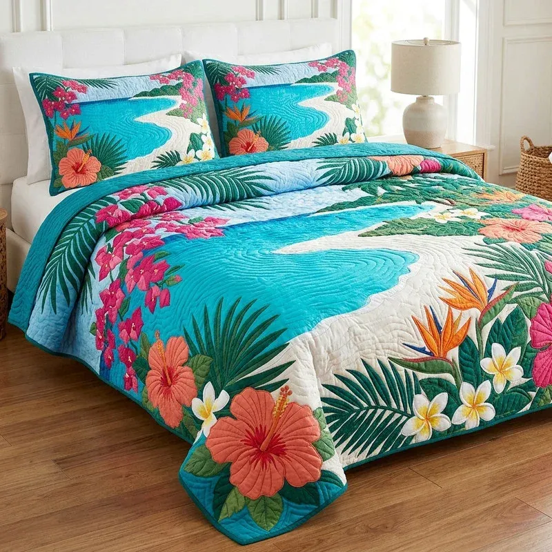 Seaside Tropical Bamboo Quilt Bedding Set