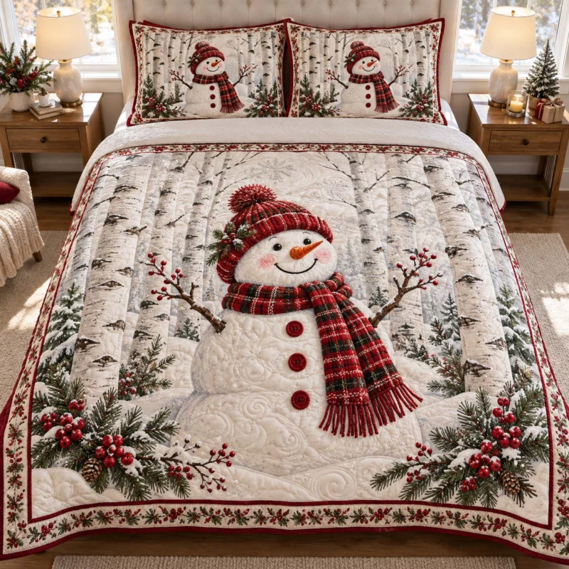 Snowman Birch Forest Christmas Bamboo Quilt Bedding Set