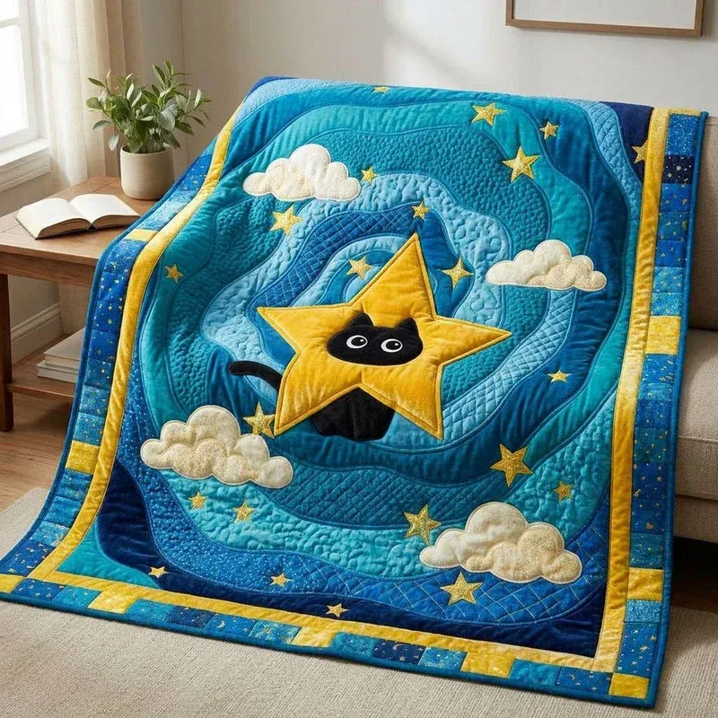 Starlight Peekaboo Cat Bamboo Quilt Blanket