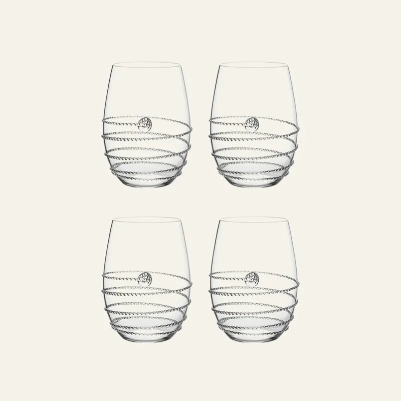 Juliska Amalia stemless white wine glasses, set of four, clear with spiral rope detail.