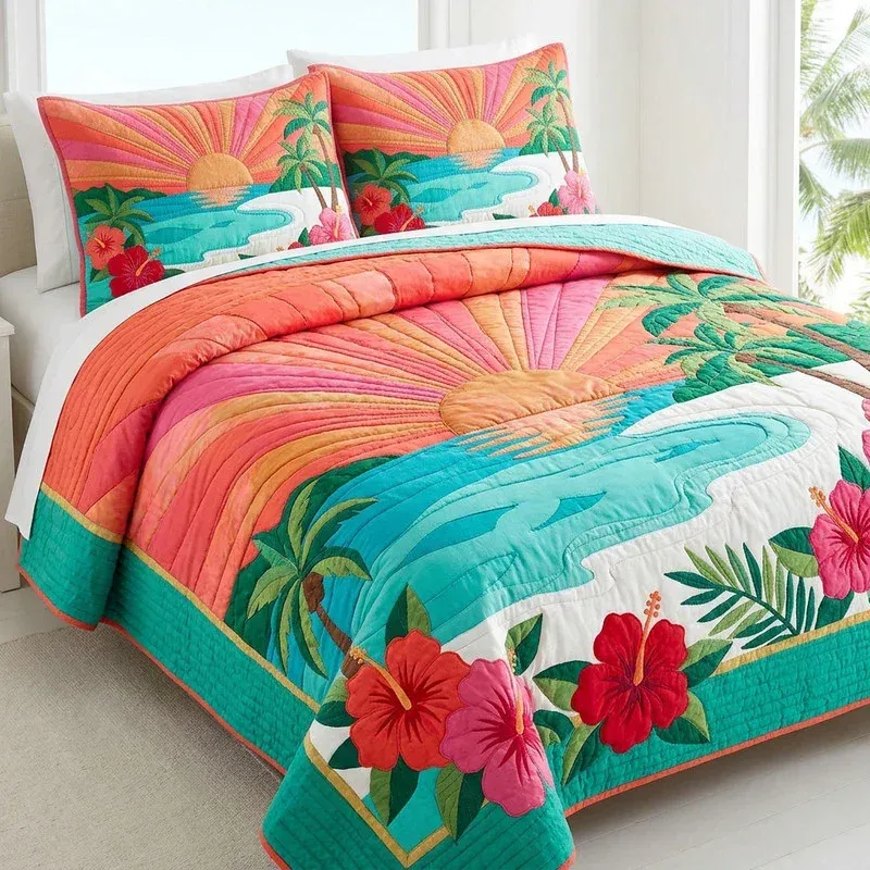 Sunset Ray Tropical Bamboo Quilt Bedding Set