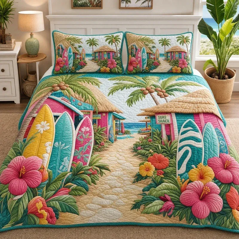 Surfboard Coast Coastal Bamboo Quilt Bedding Set
