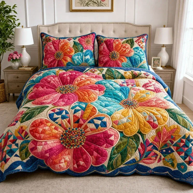 Symphony Flower Patchwork Bamboo Quilt Bedding Set