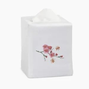 Henry Handwork white linen tissue box cover with embroidered pink cherry blossoms and bees.