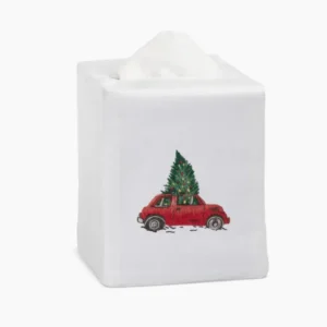 Henry Handwork white linen tissue box cover embroidered with red car carrying Christmas tree.