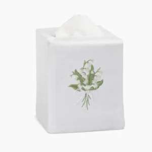 Henry Handwork white linen tissue box cover with embroidered lily of the valley bouquet.