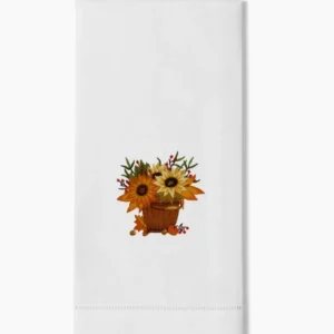 Henry Handwork white linen hand towel with embroidered autumn sunflower basket motif.
