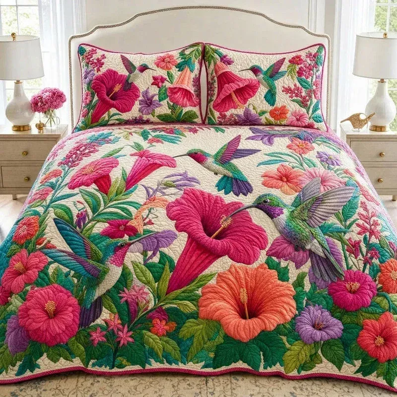 Tropical Hibiscus Hummingbird Bamboo Quilt Bedding Set