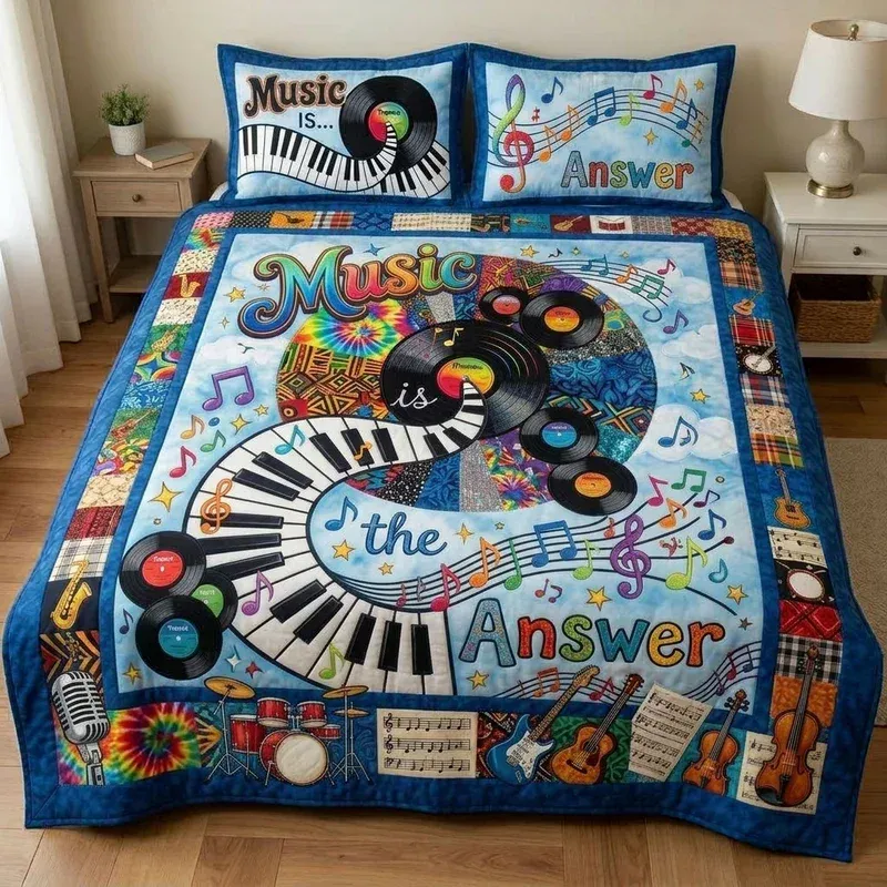 Vibrant Azure Melody Bamboo Quilt Bedding Set
