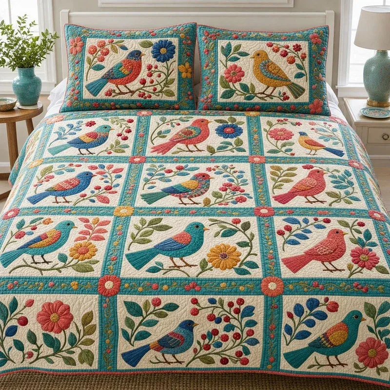 Vintage Songbird Garden Bamboo Quilt Bedding Set