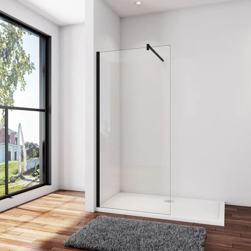 Walk In Dusche Duschwand 110 x H.200 cm 10mm NANO Glas Schwarz Stabistange 140 cm Duschhaus