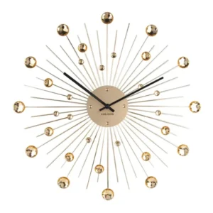 Große Wanduhr mit Sonnenstrahlen, goldfarbenen Kristallkugeln und rundem Zifferblatt