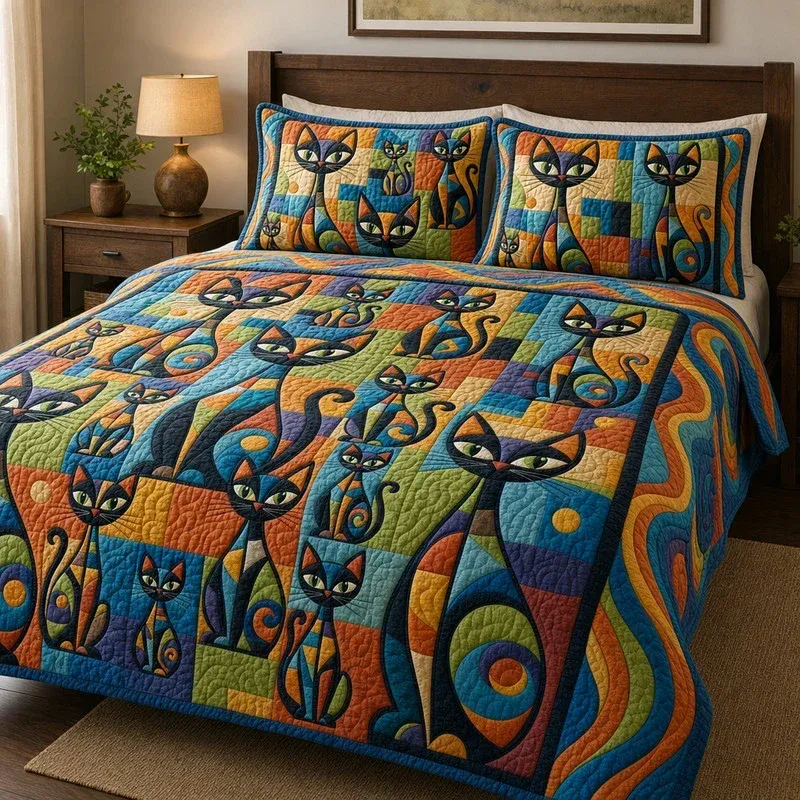 Whimsical Cats Bamboo Quilt Bedding Set