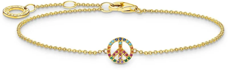 Goldfarbenes Armband mit Peace-Anhänger und bunten Steinen